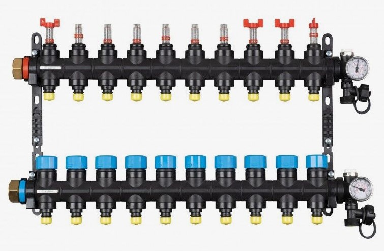 Группа коллекторная с расходомерами (PUSH-фитинг или адаптер под евроконус) FEDERICA BUGATTI 1x3/4 10 вых. пластиковый Котельная автоматика